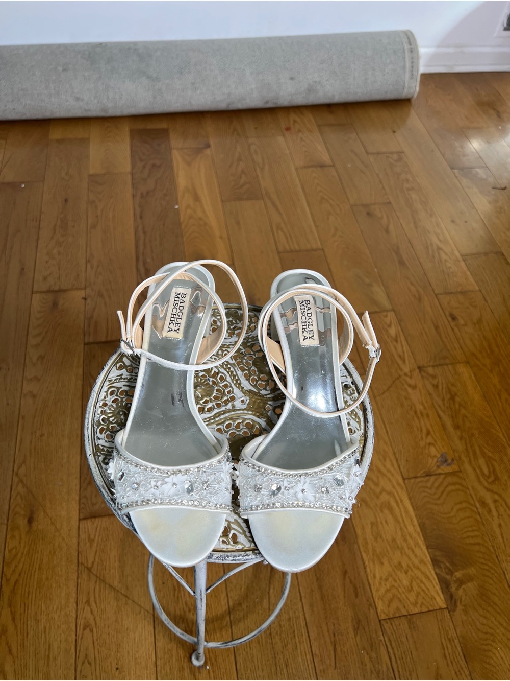 Badgley Mischka Silver Beaded Ankle-Strap Sandals